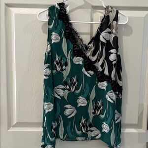 BCBGMaxAzria Green and Black Floral Lace-Trim V-Neck Tank Top Women Large